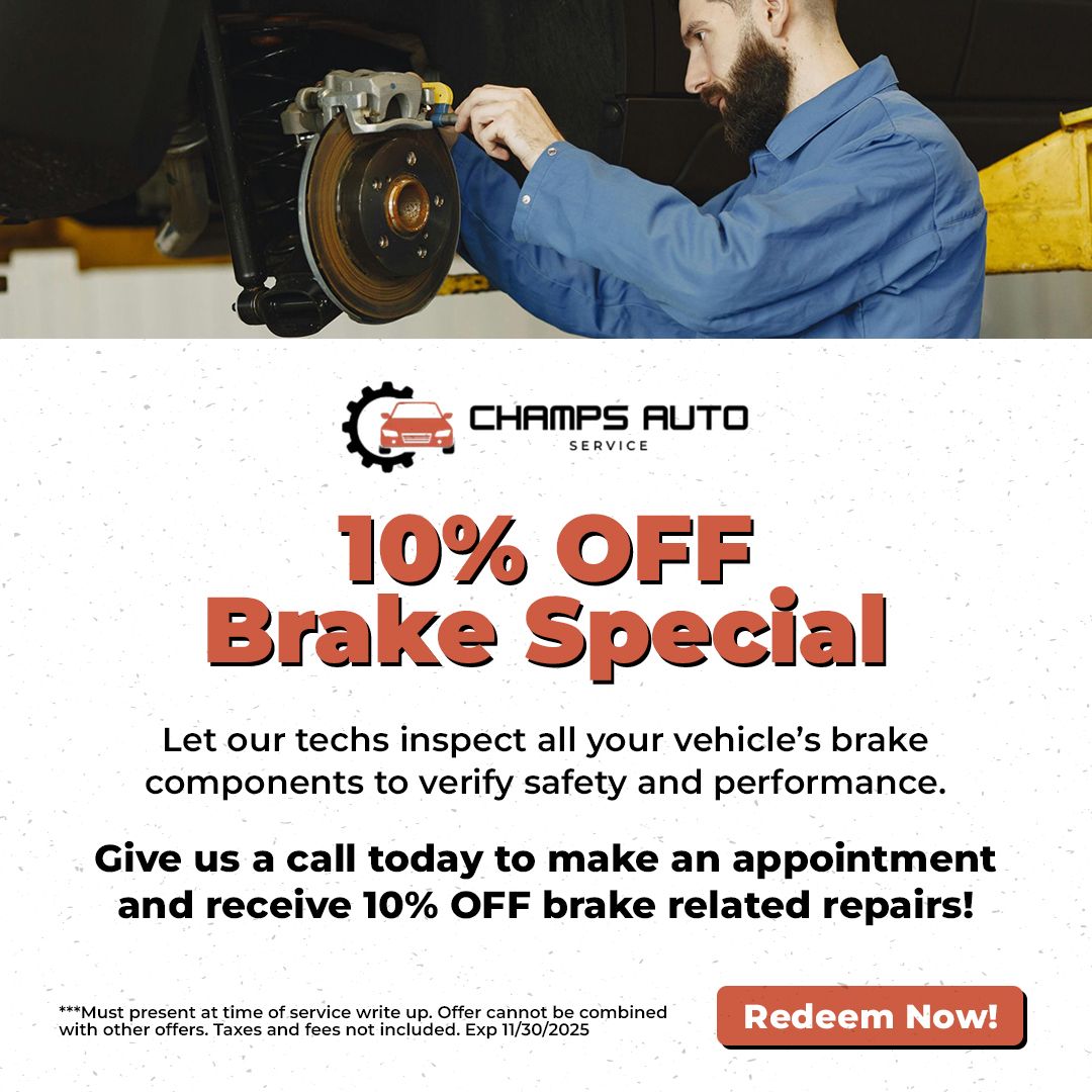 10% OFF Brake Special Mechanic working on brakes, Champs Auto Service ad: 10% off brake repairs. Includes text and