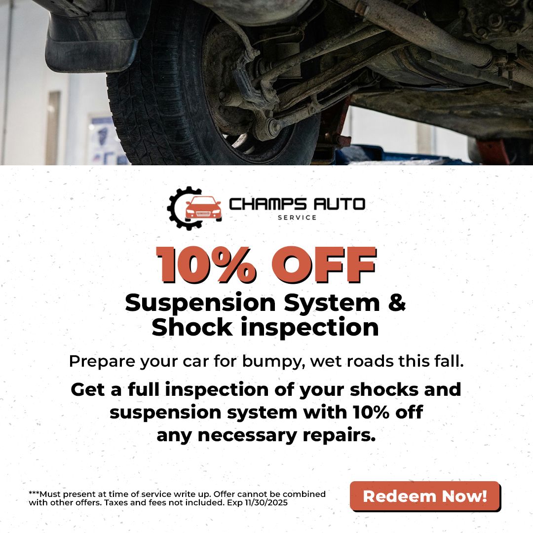 10% OFF Suspension System & Shock inspection Ad for Champs Auto Service offering 10% off suspension system and shock inspection. Image of car's underside.
