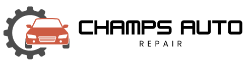 The logo for champs auto repair shows a car in a gear.