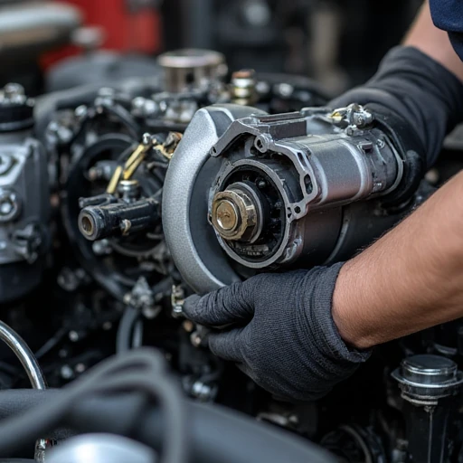 A man is working on a car engine while wearing gloves.