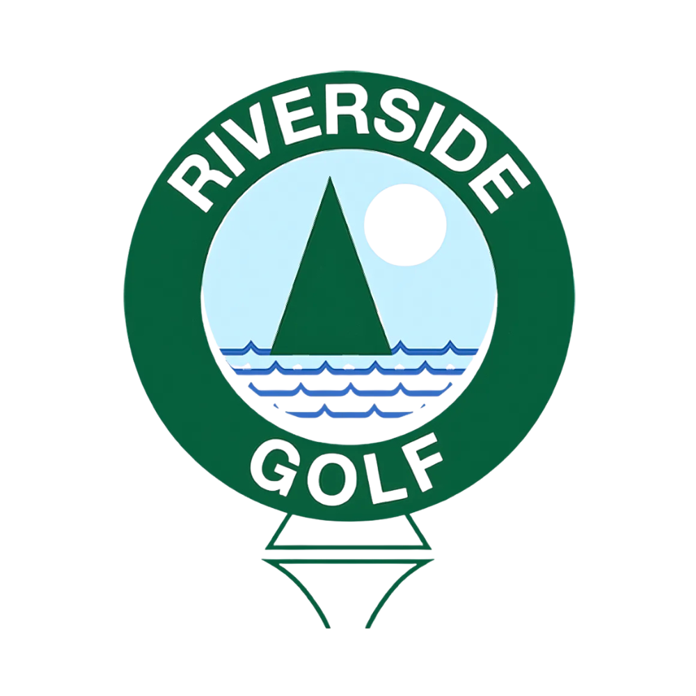 Riverside Golf Store logo: green circle with text, water, mountain, and golf ball graphic.
