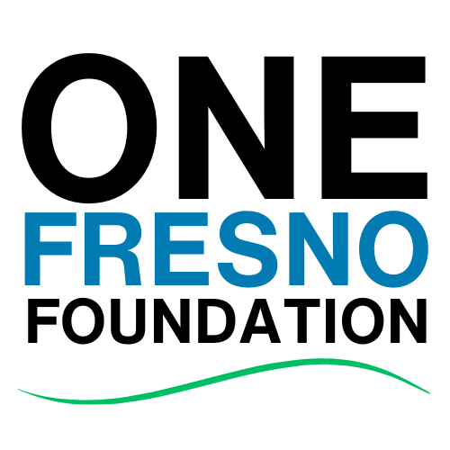 The logo for the one fresno foundation is blue and black with a green wave.