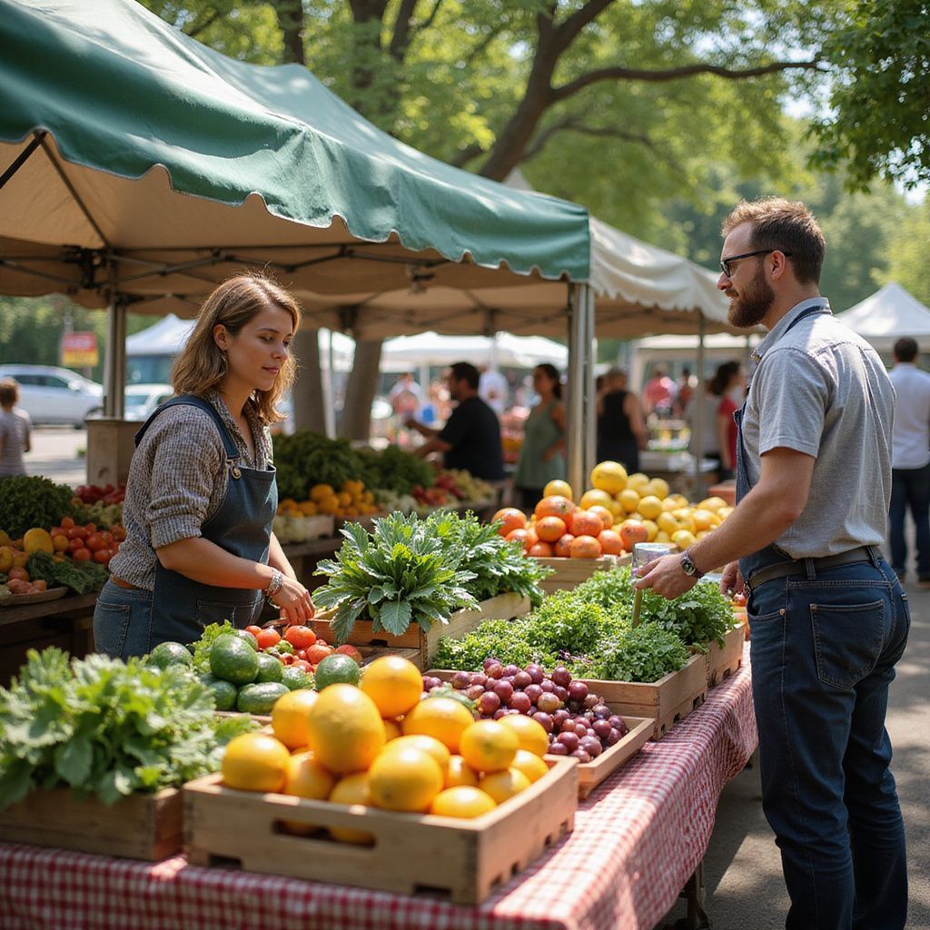 Woman selling produce at a farmers market, interacting with a customer in an outdoor setting.