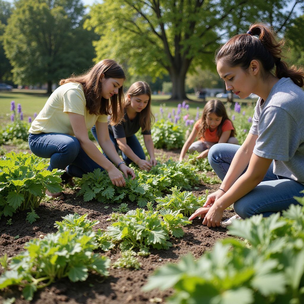 Four people, outdoors, tending to a garden; sunny day; plants, brown soil.