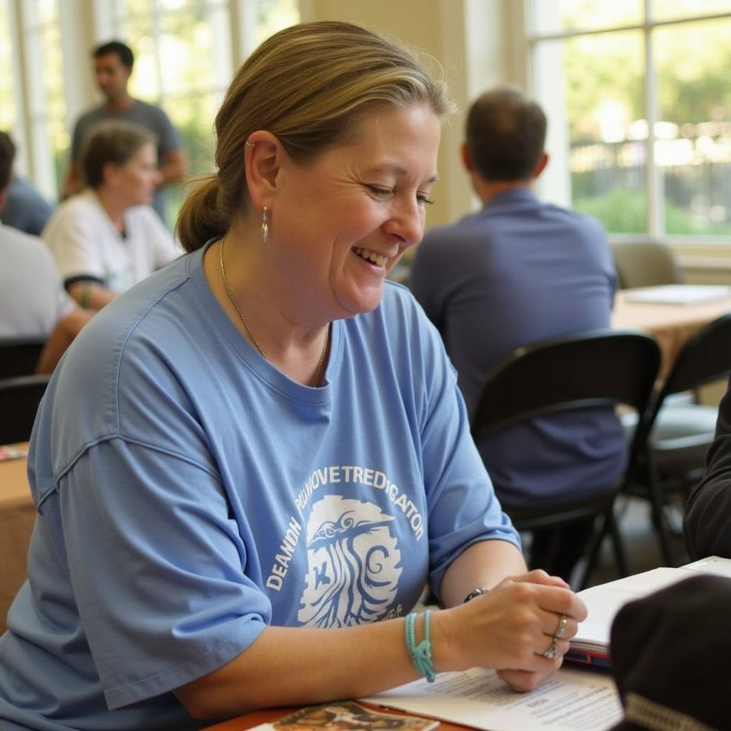 Woman in blue shirt smiles, seated at table with others in a room.