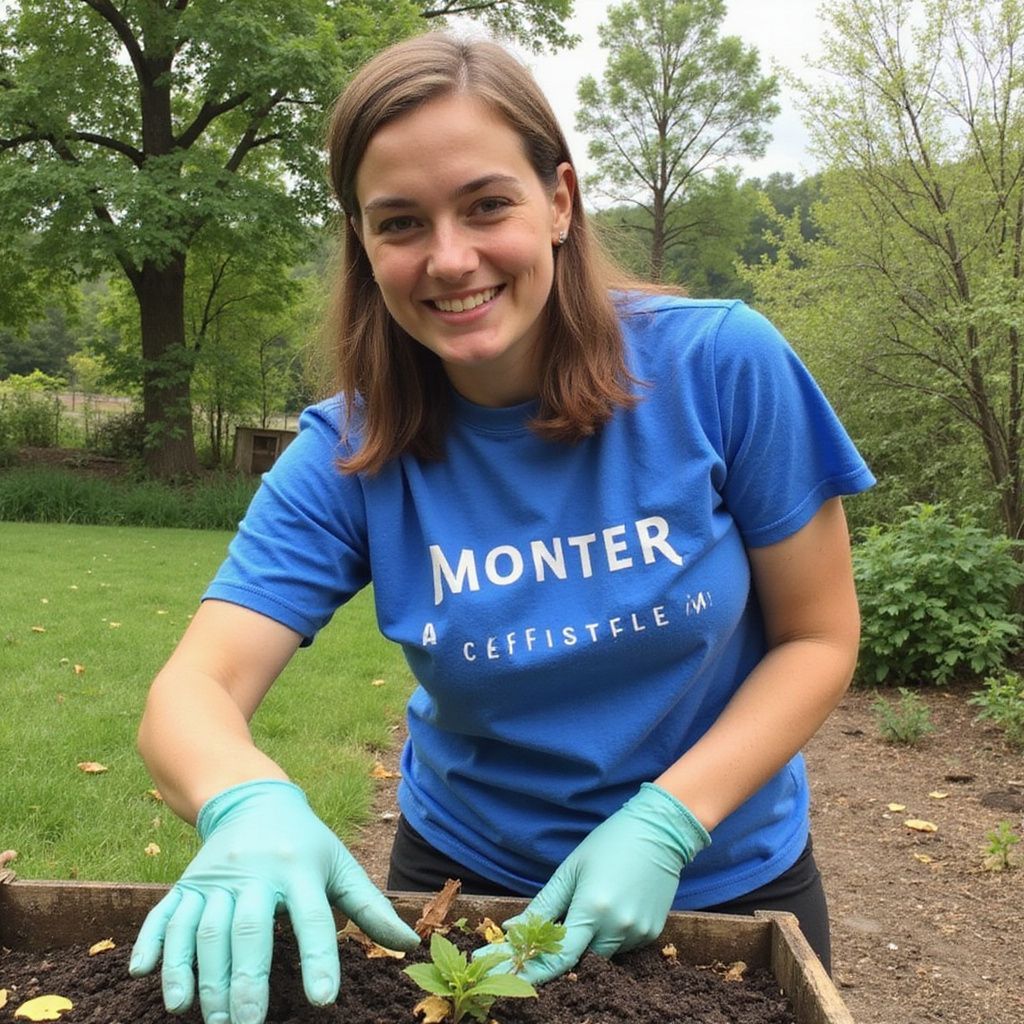 Woman in blue shirt and gloves planting in a garden bed, smiling.