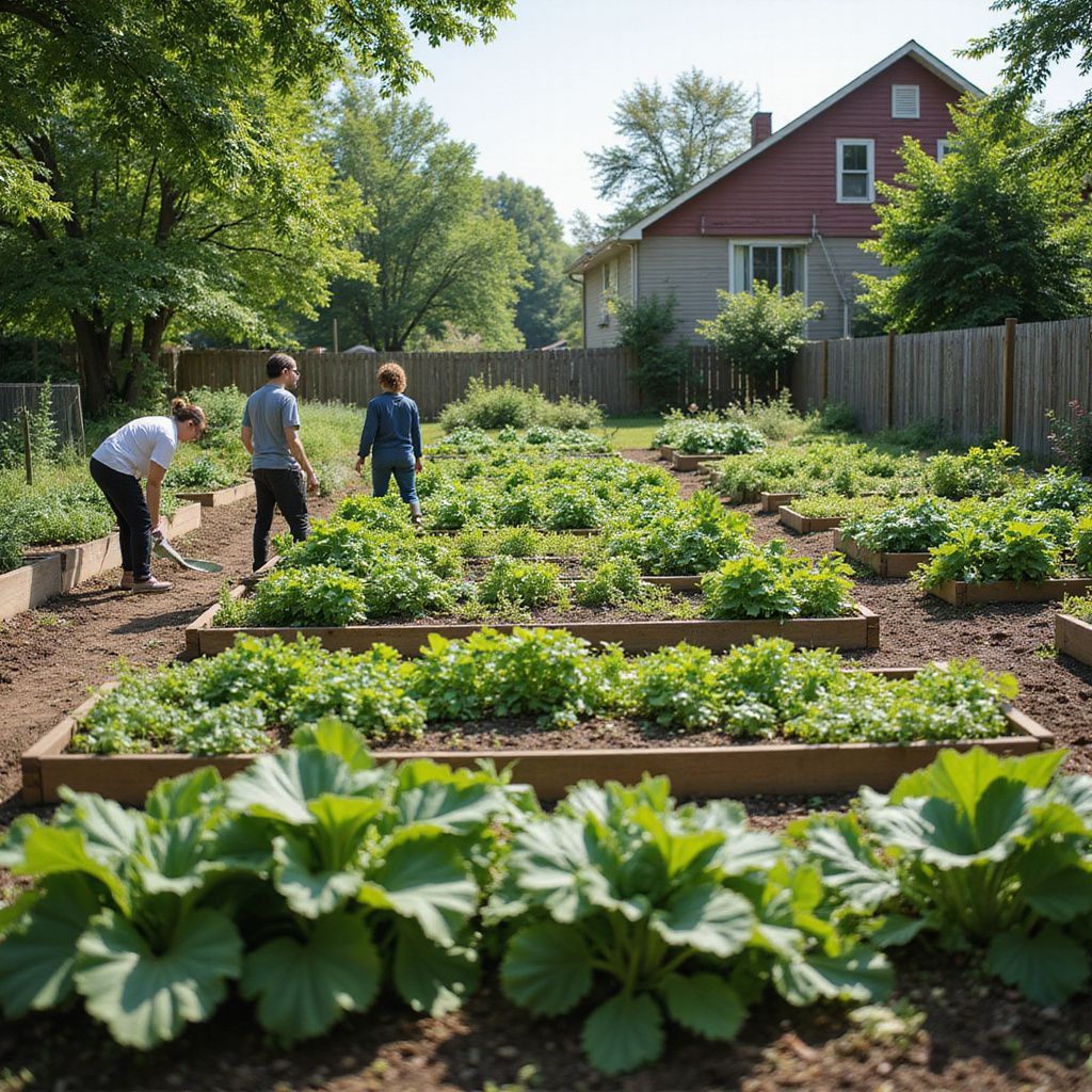People tending a community garden with raised beds, plants, and a house in the background.