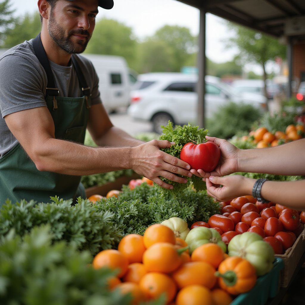 A farmer hands a red tomato to a customer at an outdoor market, surrounded by produce.