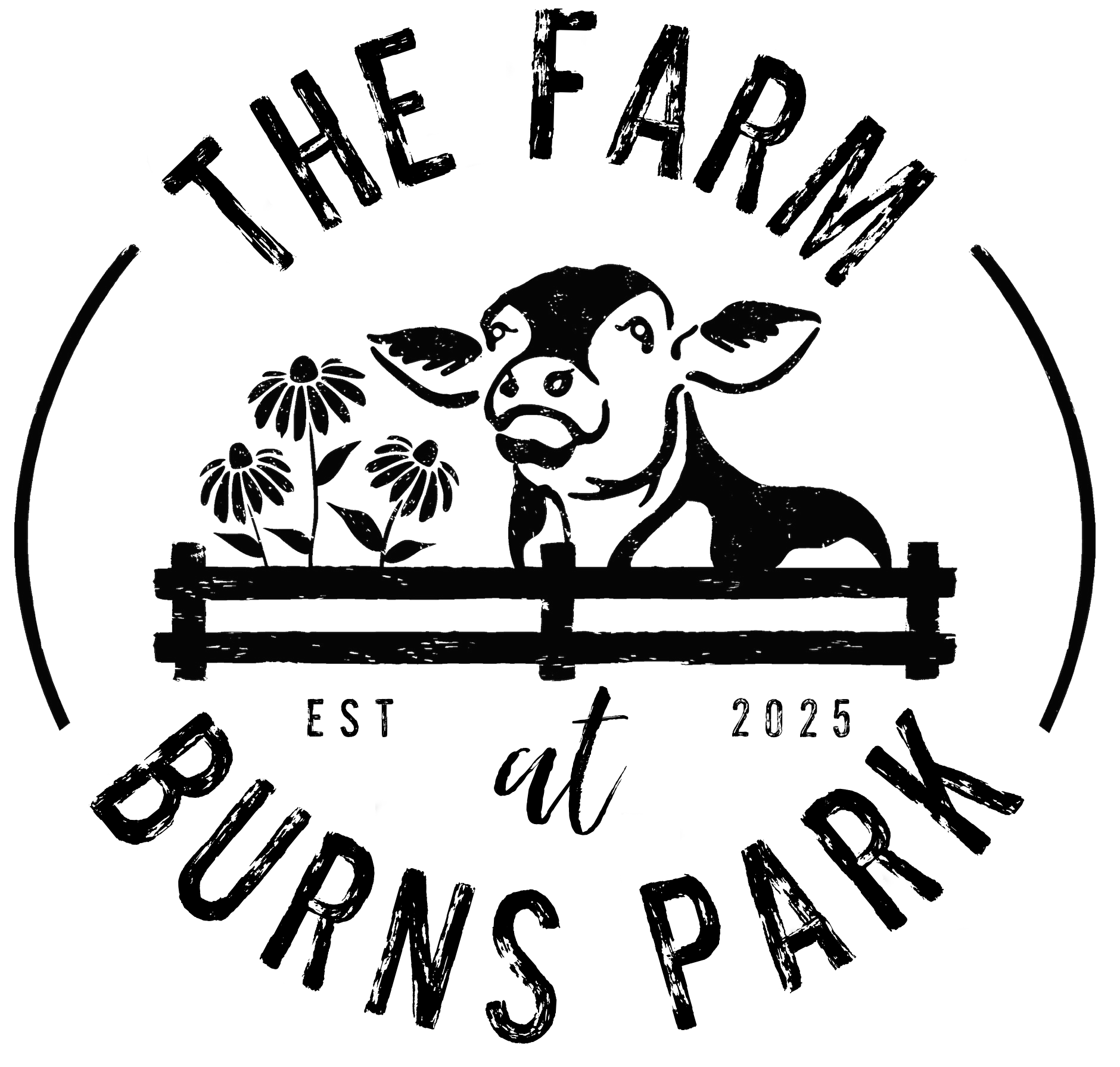 Black and white logo: Cow behind a fence, flowers, 