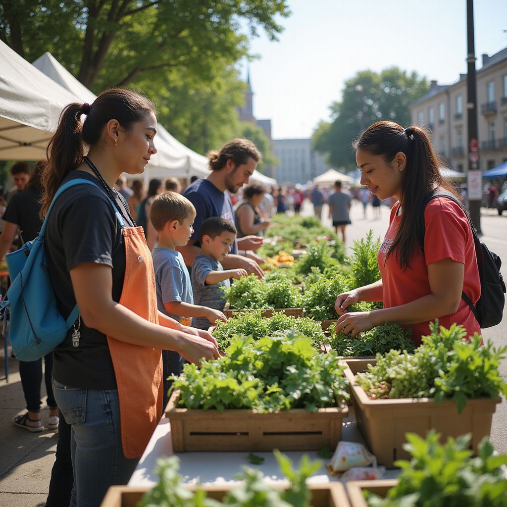 People at a farmers market, buying produce. Women selling herbs and vegetables; two children look on. Bright, sunny day.