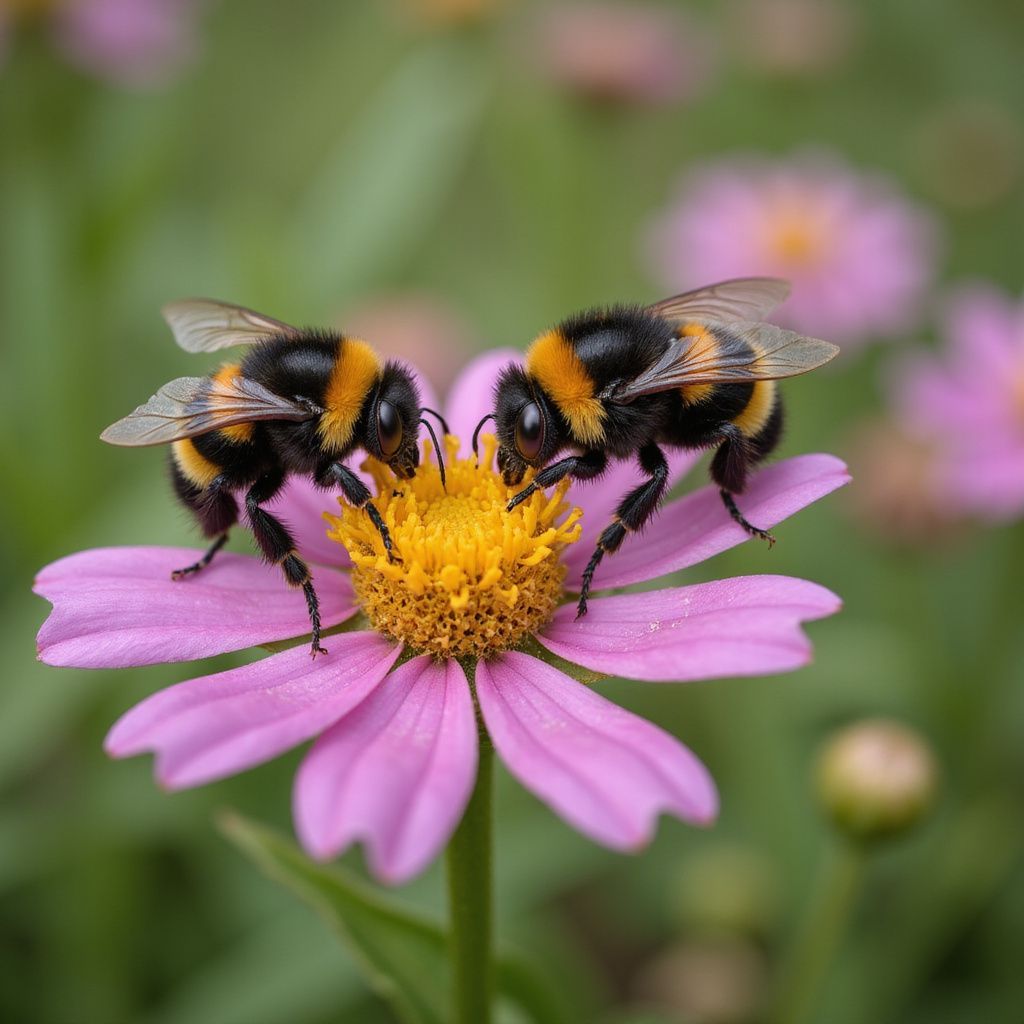 Two bumblebees on a pink flower, feeding on yellow center. Green background, blurred flowers.