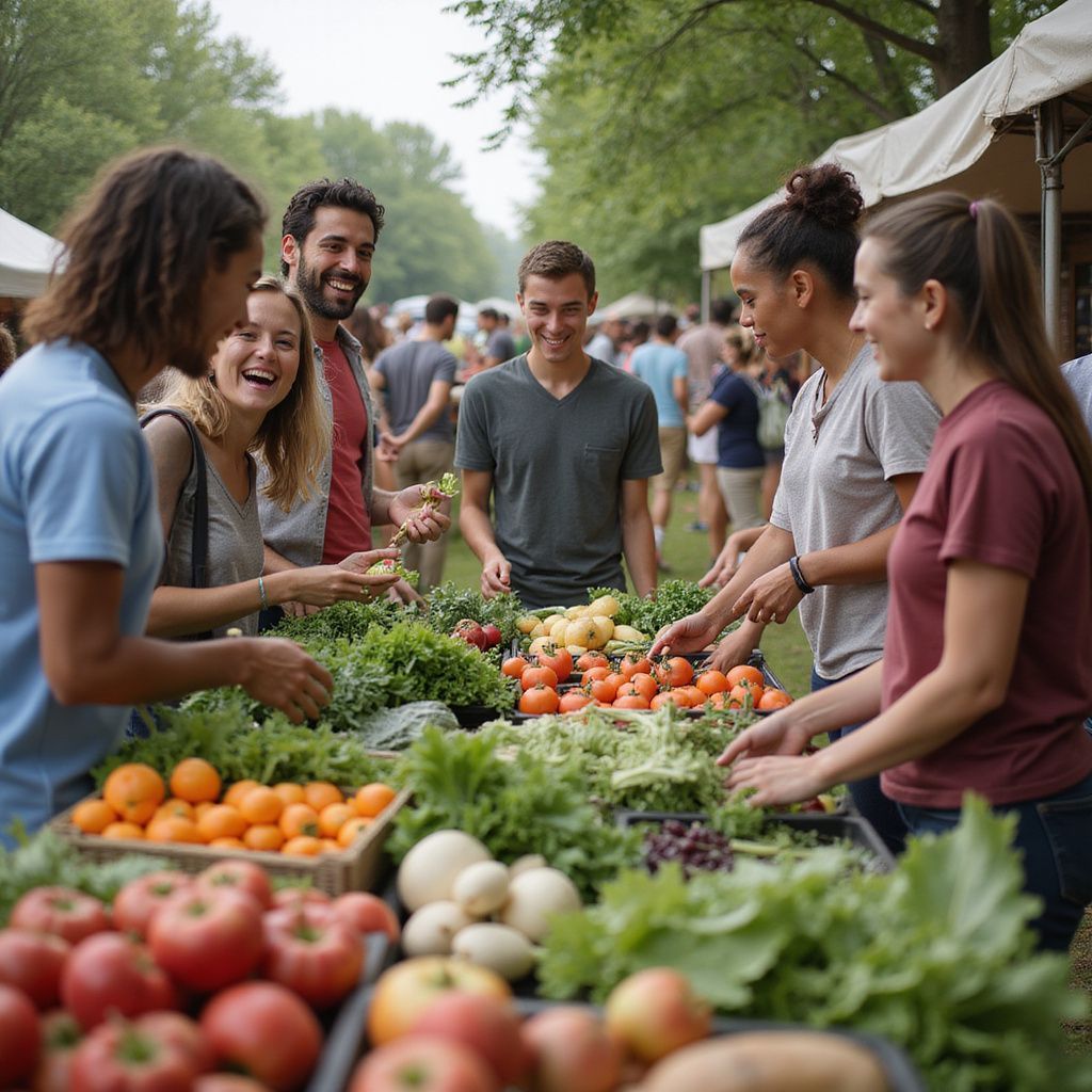 People shop at a farmers market. Produce is displayed, customers smile and interact outdoors.