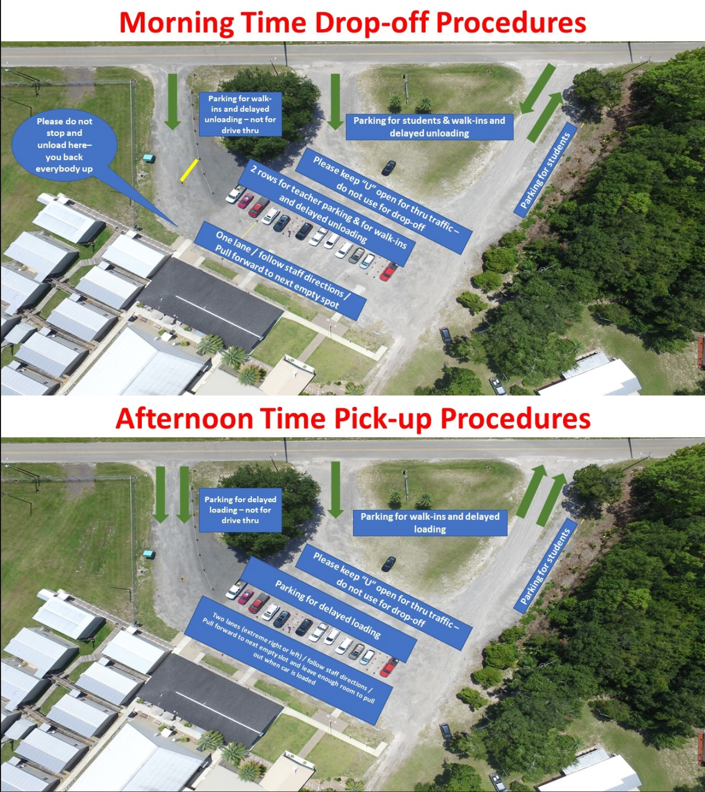 An aerial view of a parking lot with the words morning time drop-off procedures and afternoon time pick-up procedures