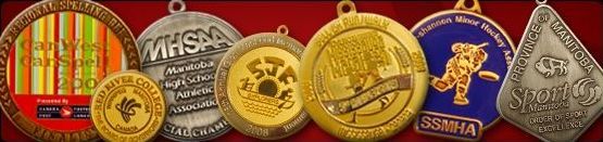 Custom Challenge Coins from Awards Canada are lined up on a red background