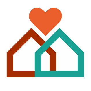 Two outlined houses in rust and teal beneath an orange heart icon