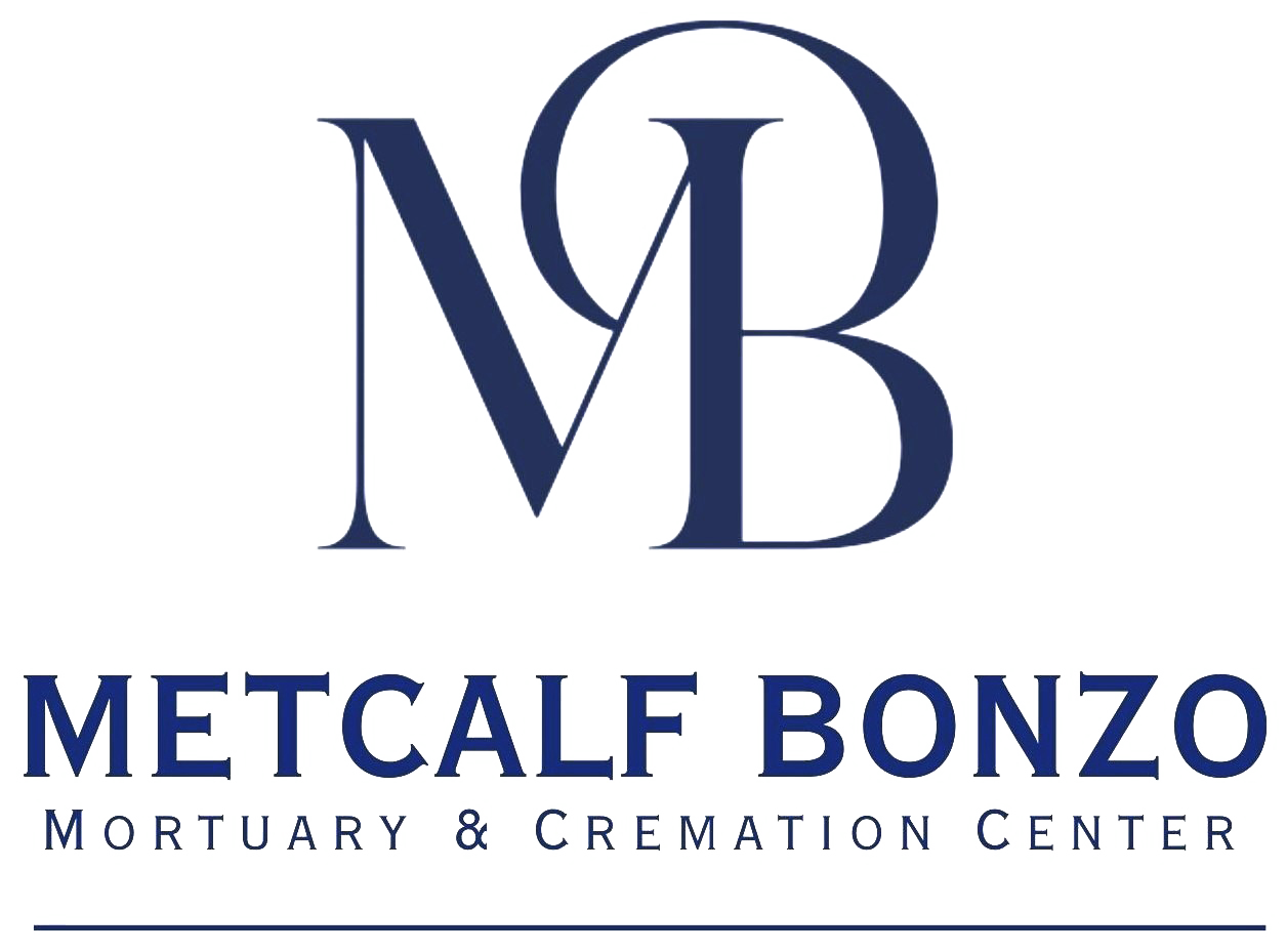 Blue "MB" monogram logo with "METCALF BONZO" text and "Mortuary & Cremation Center" below.