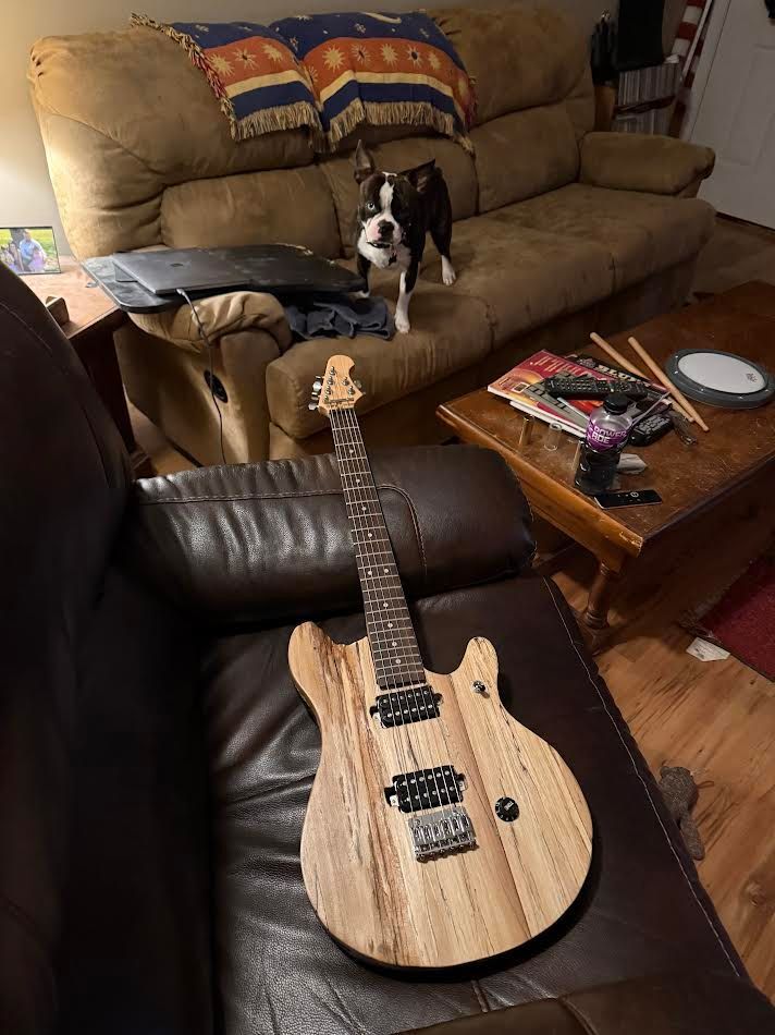 Wooden electric guitar on leather couch; Boston Terrier watches from behind.