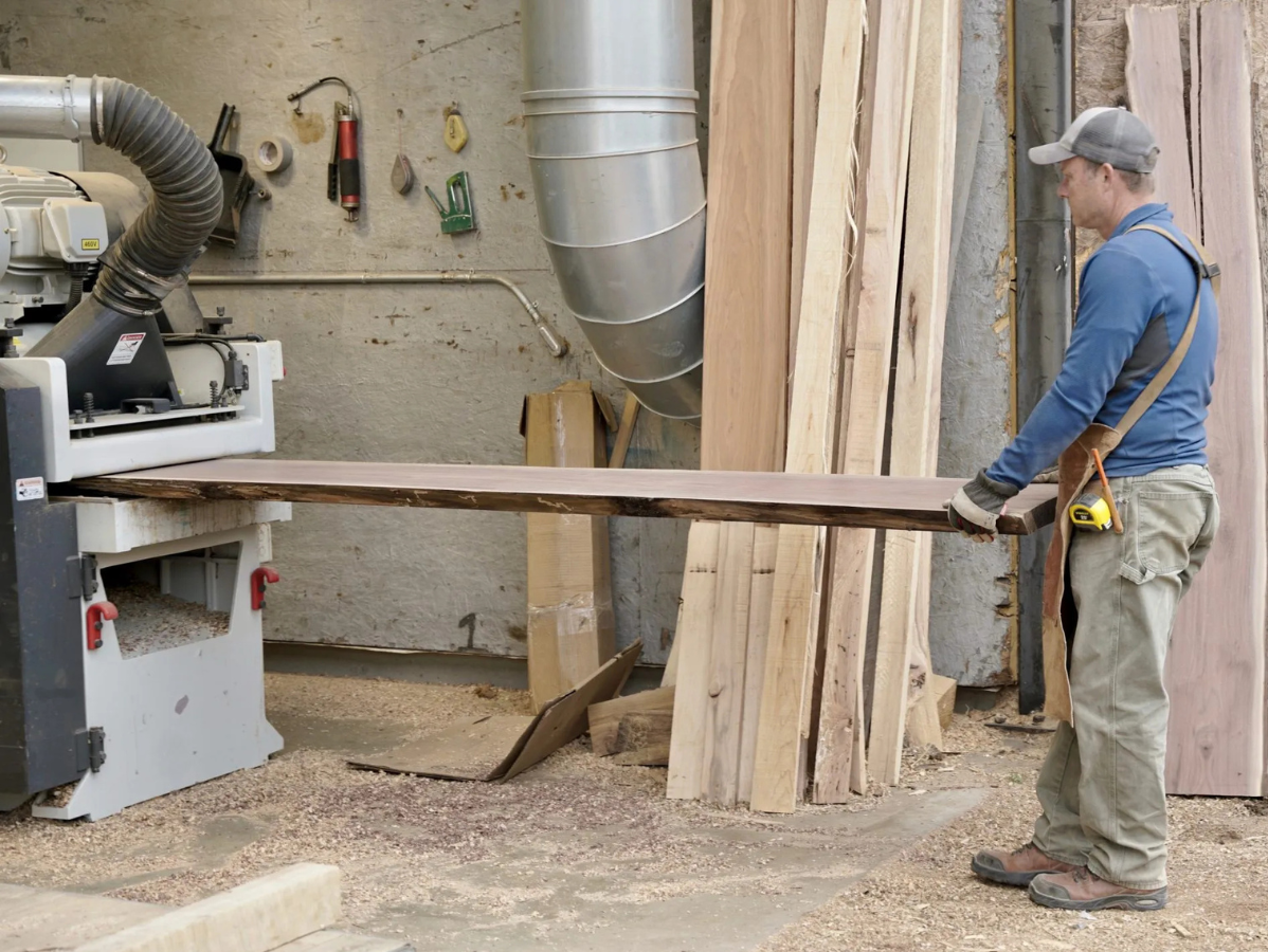 Man operating a wood planer, holding a long, unfinished wooden plank. Shop setting, sawdust visible.