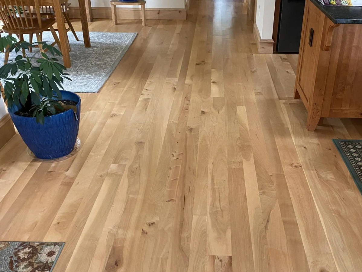 Hardwood floor in a home, with a potted plant, rug, and wooden furniture visible.