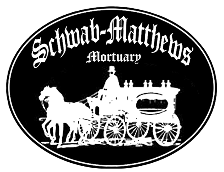 Black oval logo with white horse-drawn hearse and text “Schwab-Matthews Mortuary”