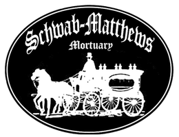Black oval logo with white horse-drawn hearse and text “Schwab-Matthews Mortuary”