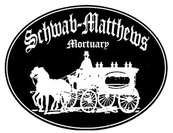 Black oval logo with white horse-drawn hearse and text “Schwab-Matthews Mortuary”