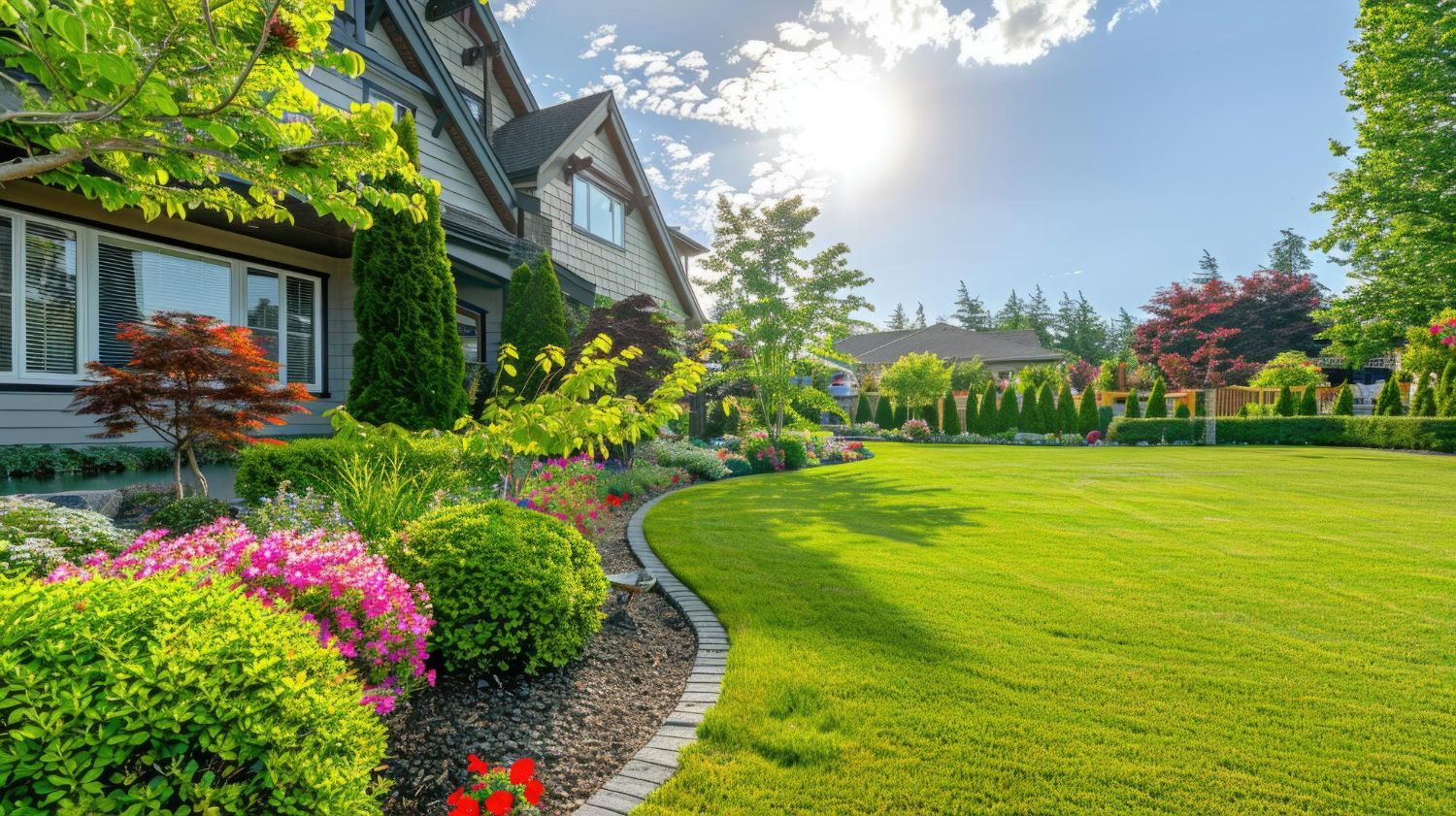 A well-manicured lawn with colorful flower beds along a curved stone border next to a house on a sunny day.
