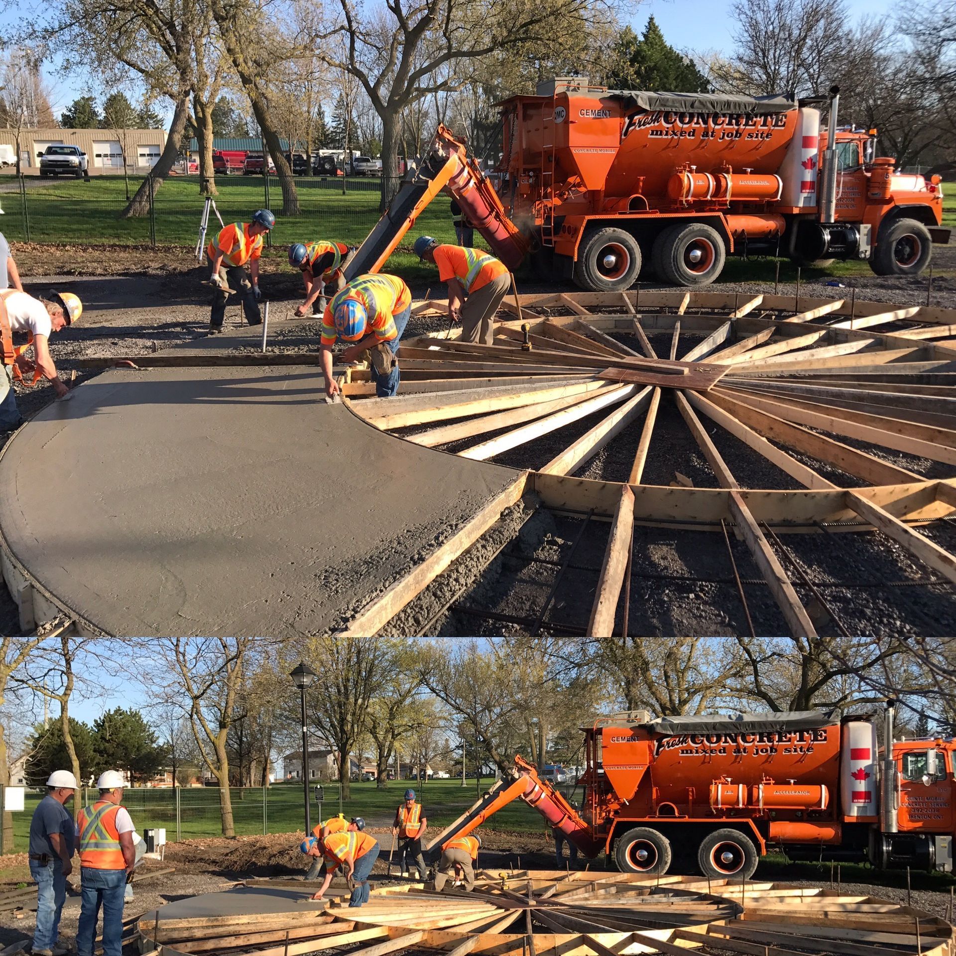 A collage of images showing construction workers and an orange truck