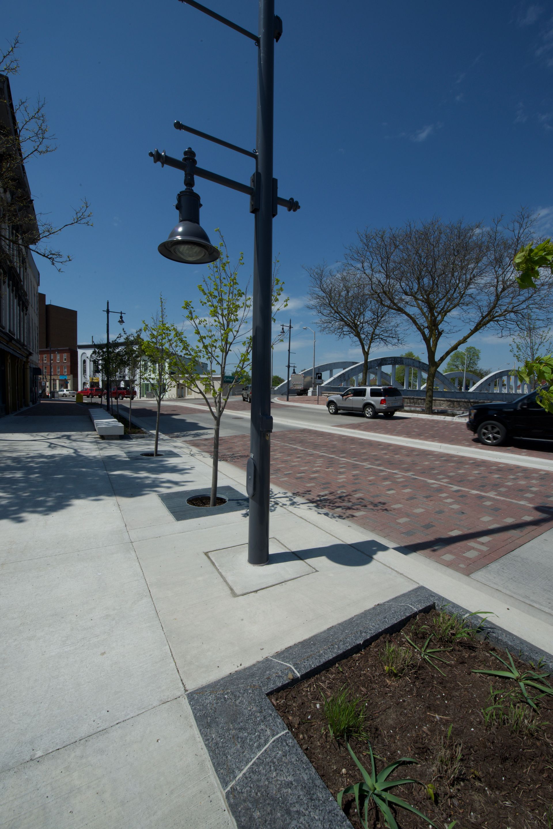A street light is sitting on the sidewalk next to a tree.