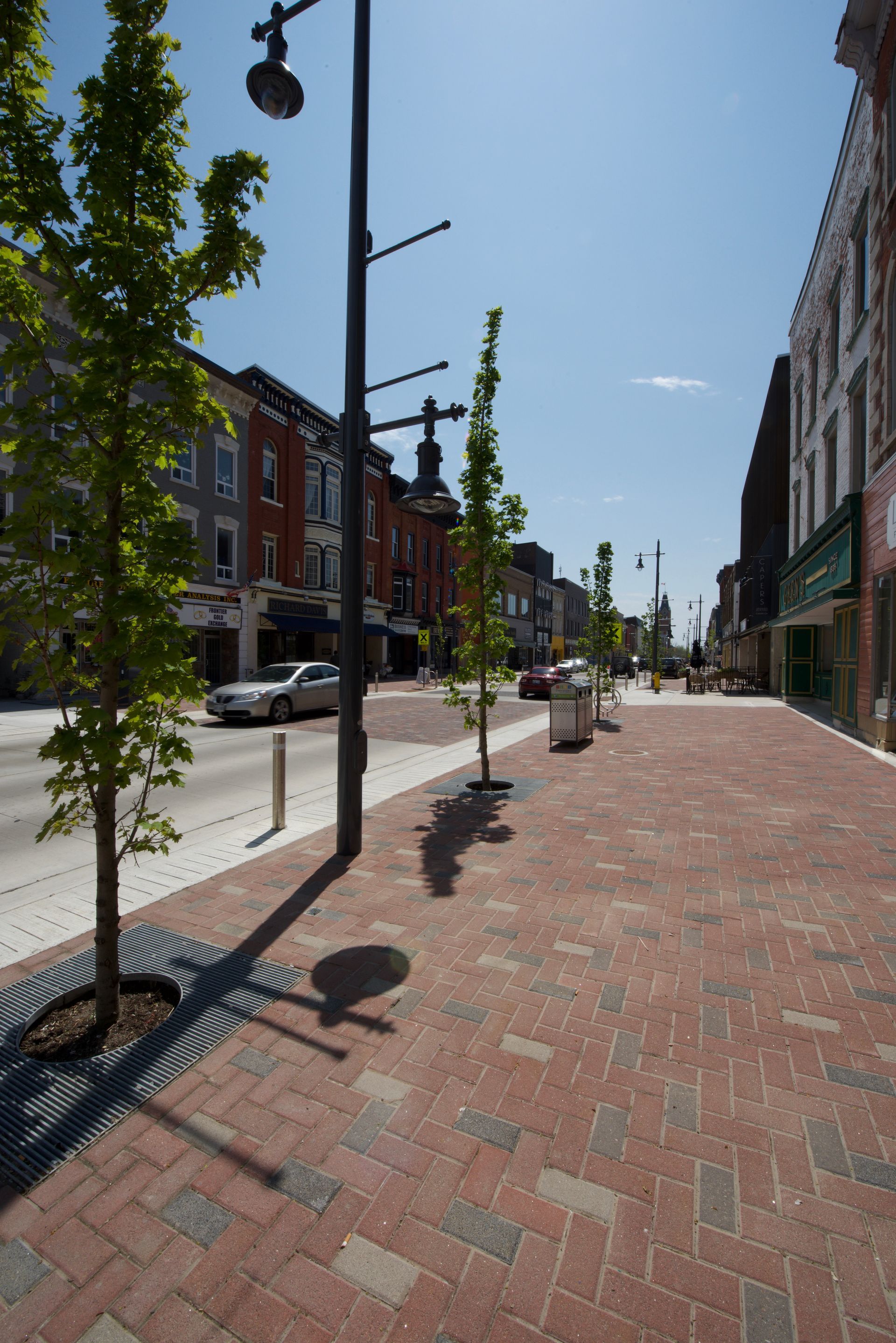 A brick sidewalk with trees on the side of it