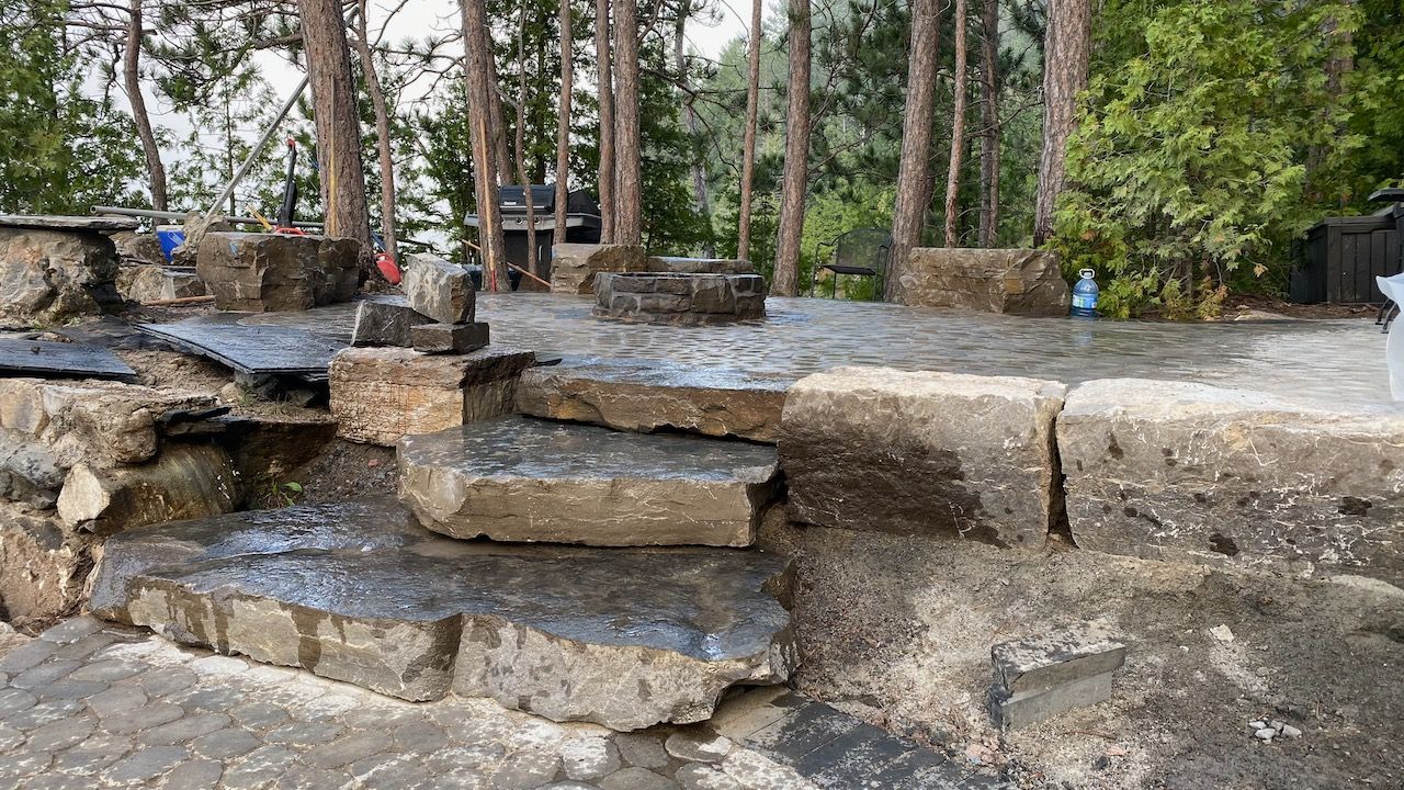 A large rock in the middle of a forest with trees in the background.