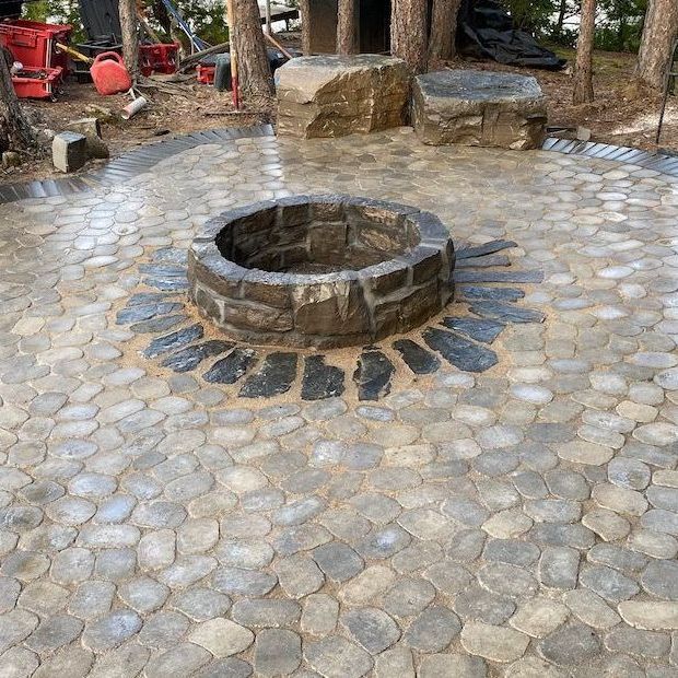 There is a fire pit in the middle of the patio.