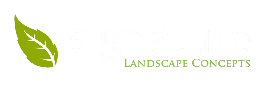 The logo for signature landscape concepts has a green leaf on it.