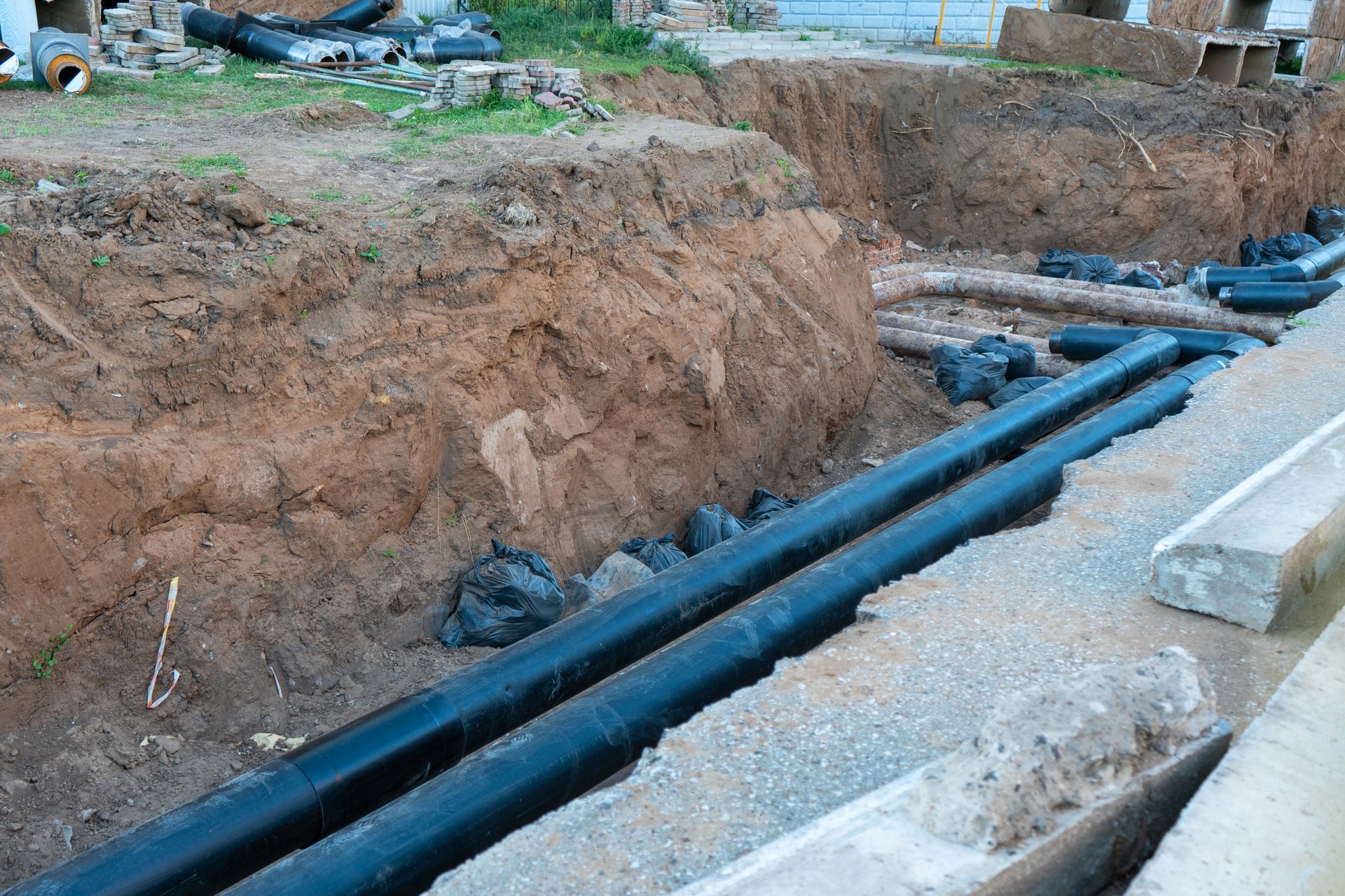 A bunch of pipes are laying in the dirt in a trench.