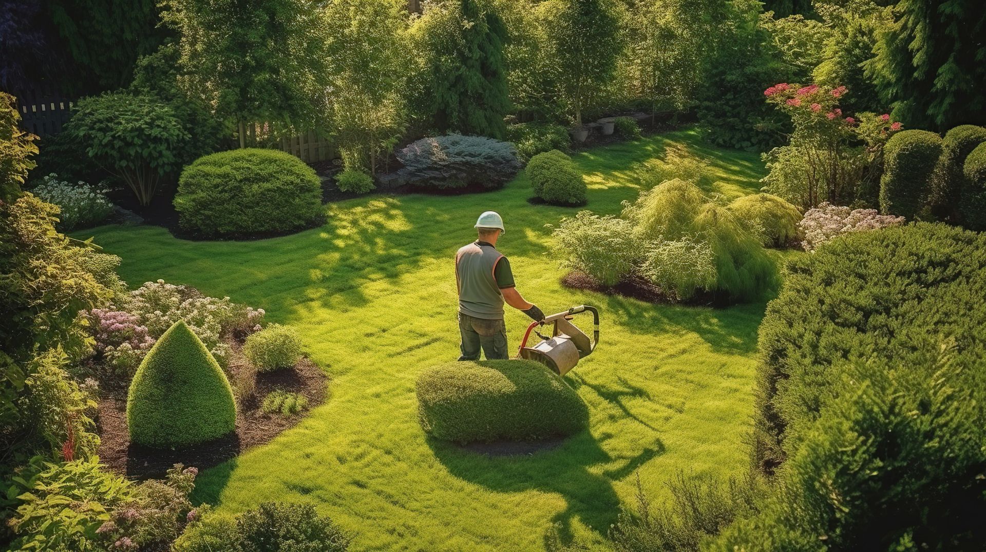 A man is mowing the grass in a garden with a lawn mower.