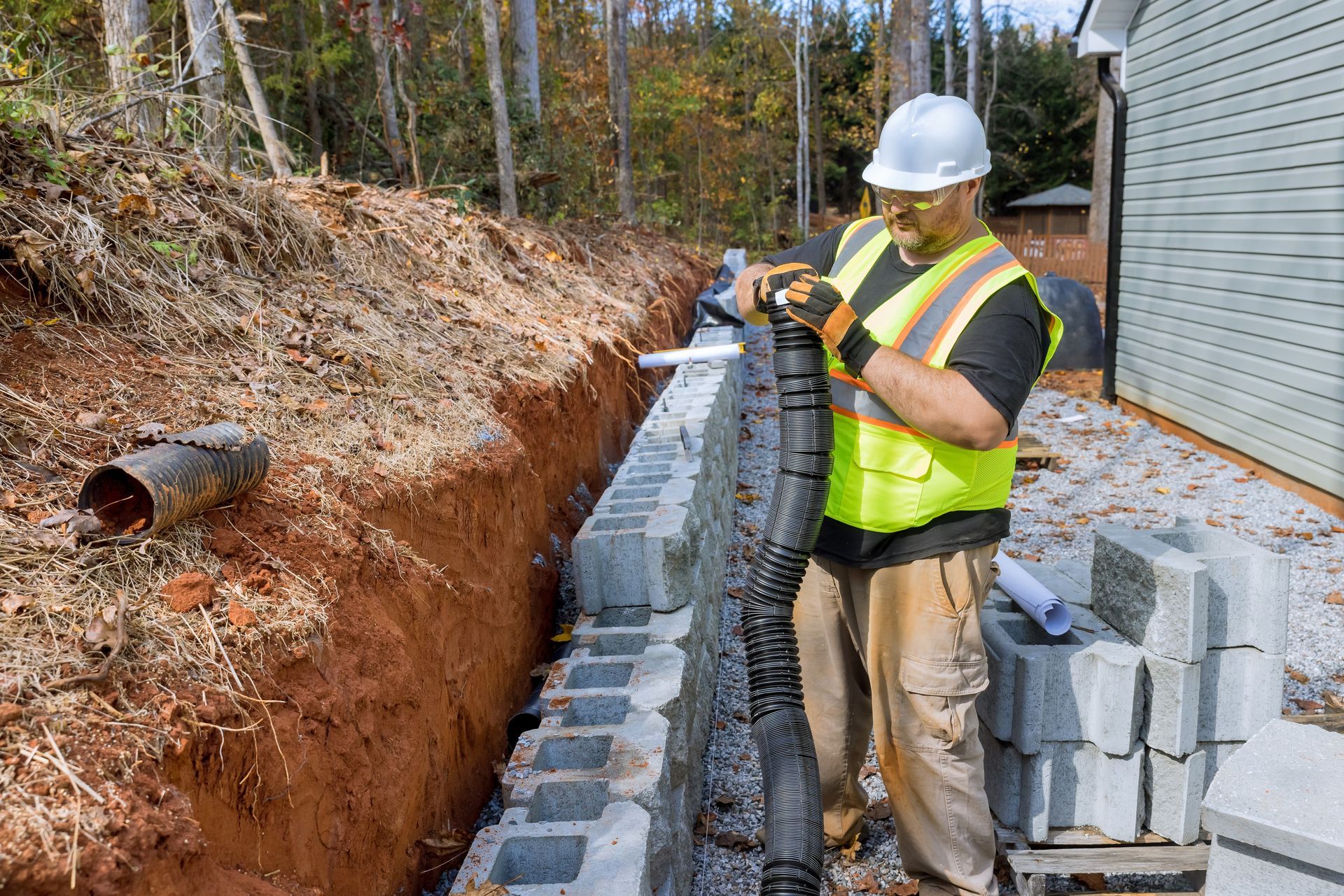 A construction worker is standing in a trench next to a brick wall.
