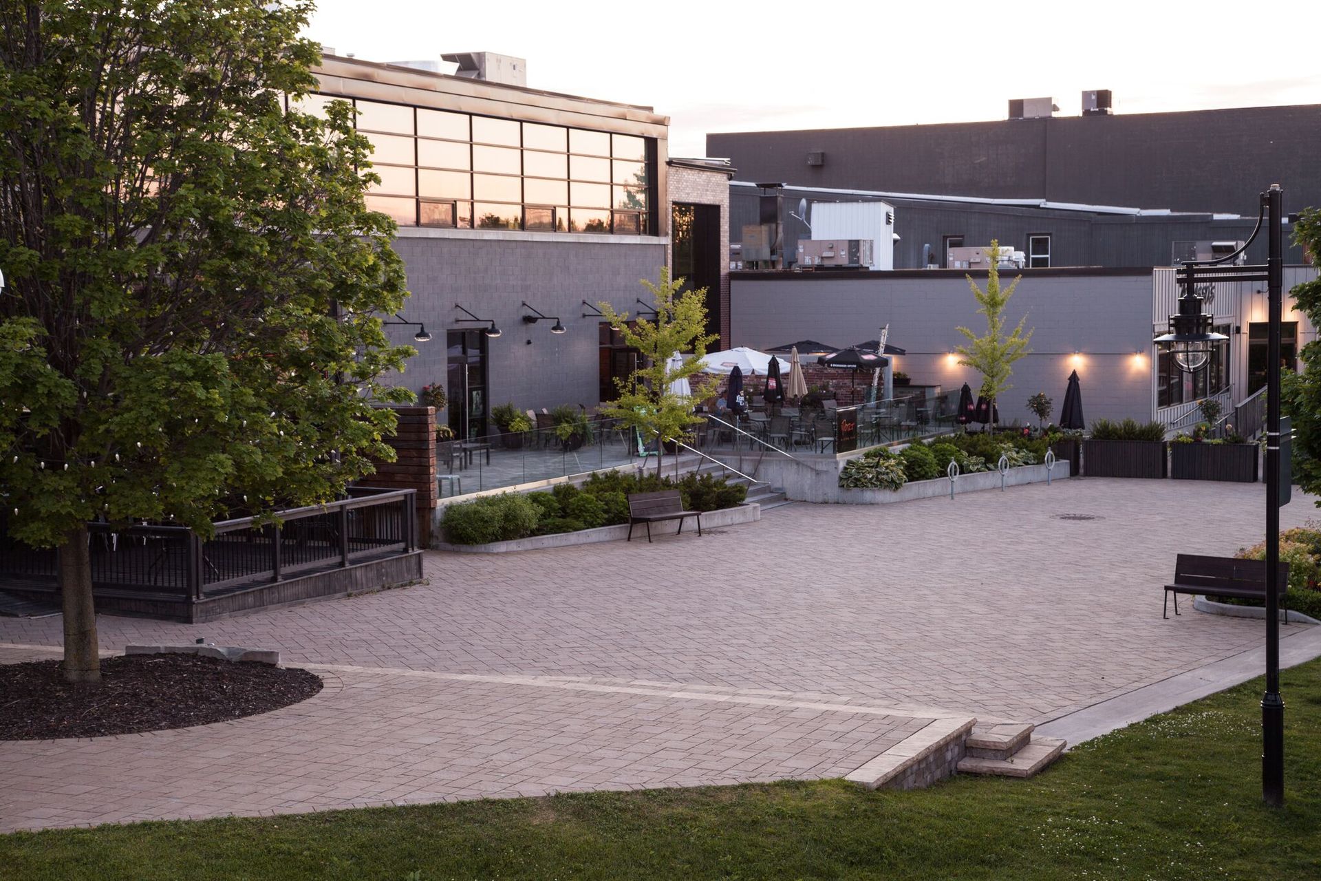 A large building with a lot of windows is in the background