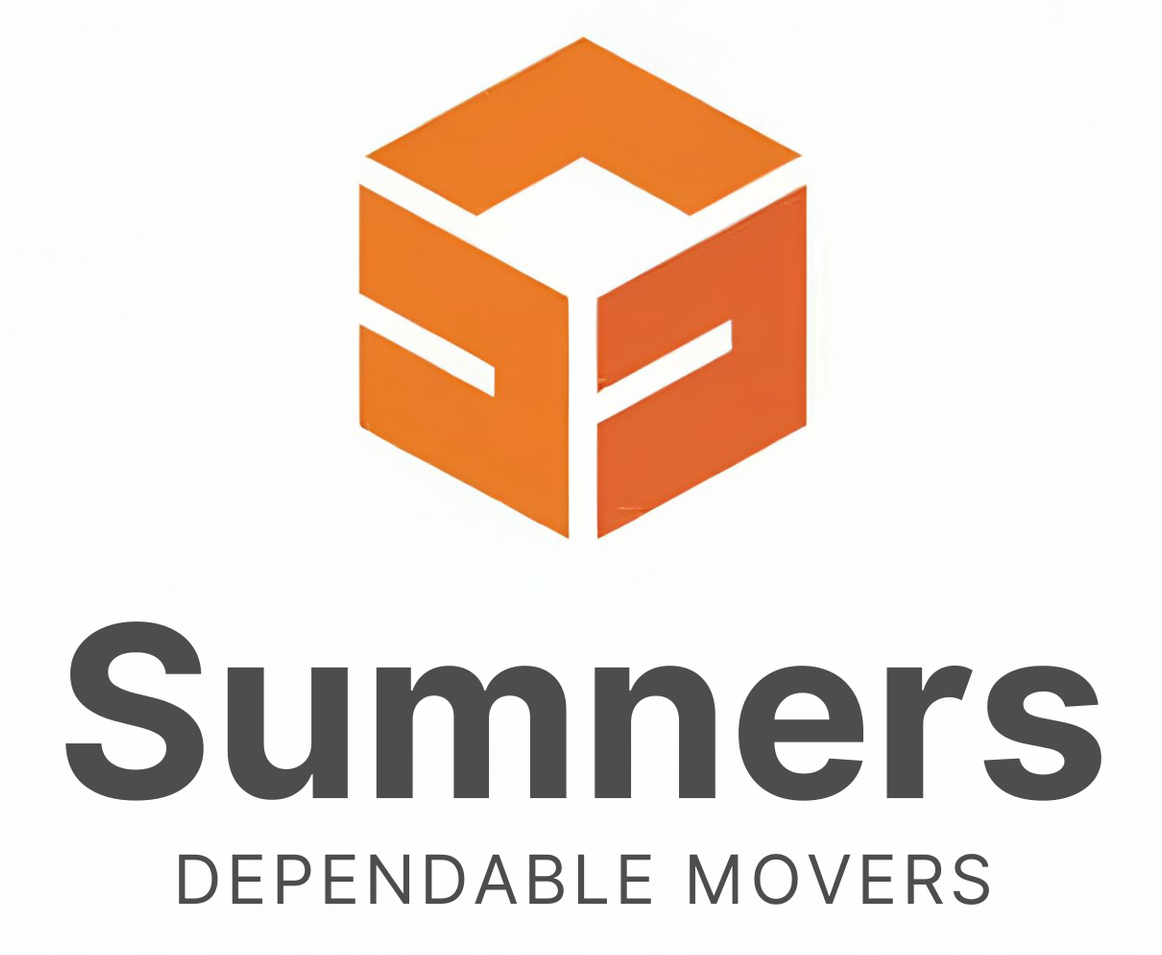 Logo for Sumners Dependable Movers featuring an orange moving truck with speed lines, set against a white background.