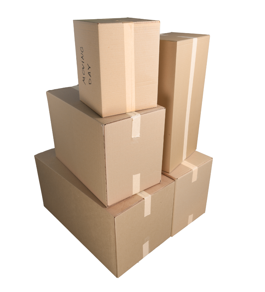 A stack of five brown cardboard shipping boxes, taped shut and arranged in a pyramid against a white background.