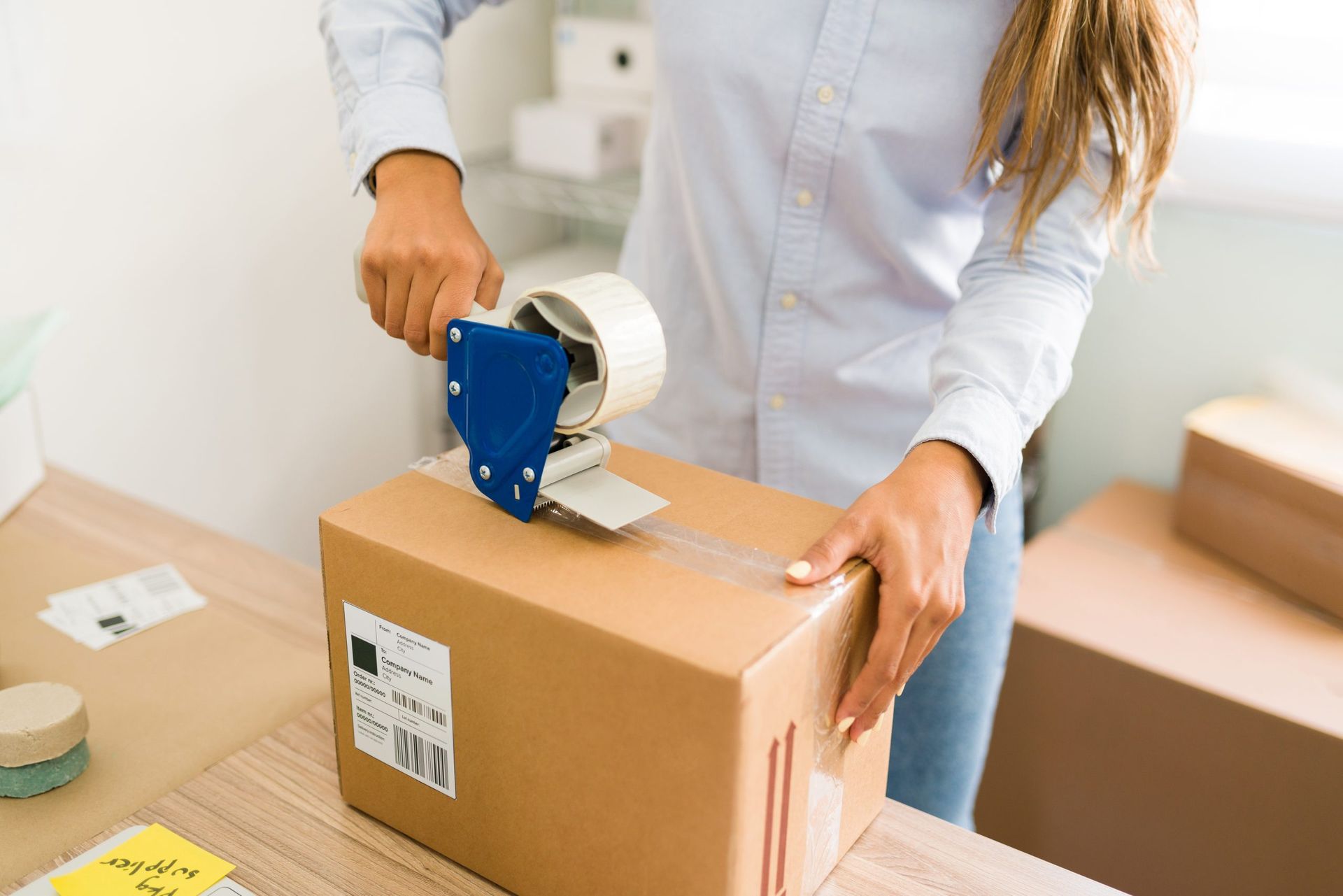 A person using a tape gun to seal a cardboard shipping box on a desk.