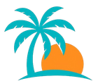 Teal palm tree with orange sun setting over a turquoise beach.