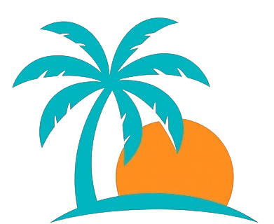 Teal palm tree with orange sun setting over a turquoise beach.