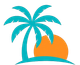 Teal palm tree with orange sun setting over a turquoise beach.