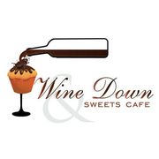 a logo for wine down sweets cafe with a cupcake and a glass of wine