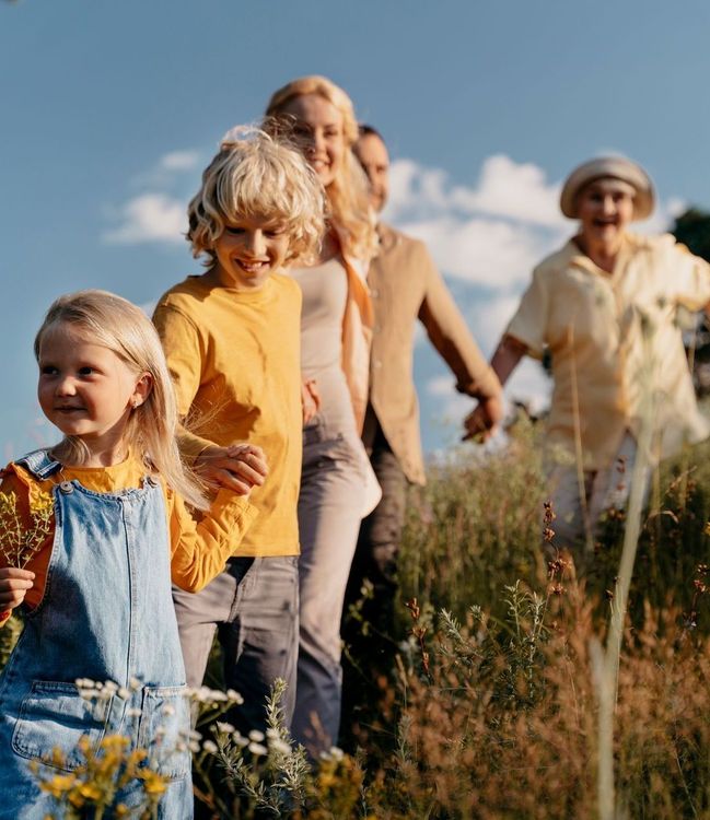 A group of people are walking through a field of flowers