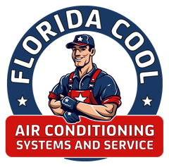 Florida Cool air conditioning service logo with illustrated technician in blue, red, and white uniform