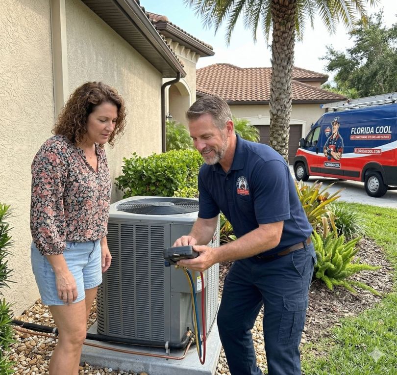 Two people inspect an outdoor air conditioner beside a house, with a service van in the background.