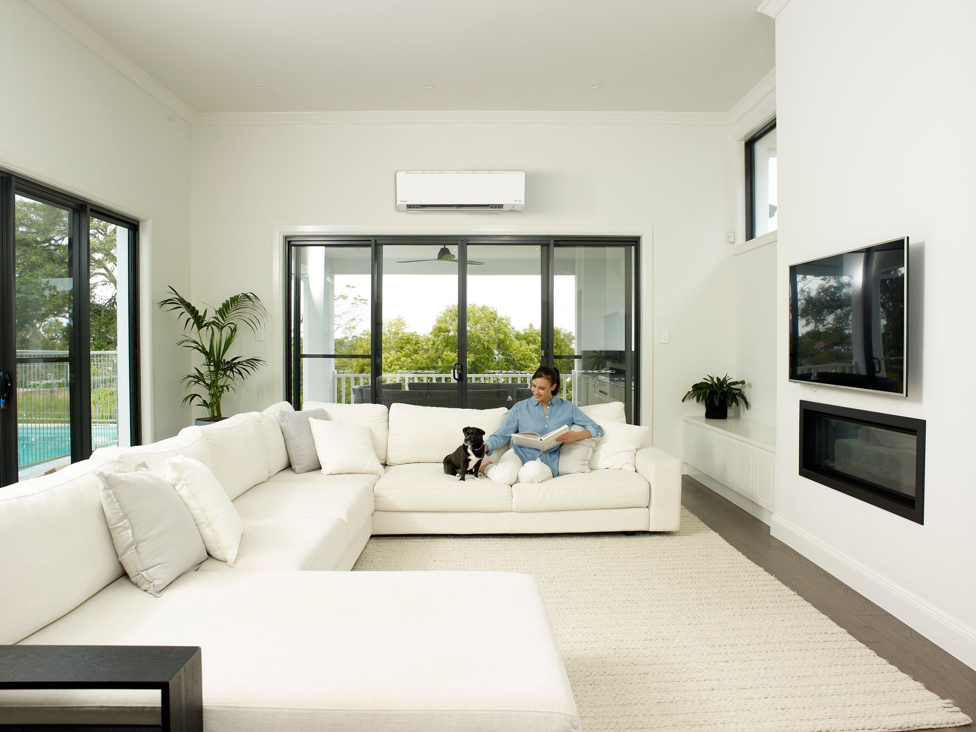 Man and dog relaxing on white couch in bright living room with TV and outdoor view — L & K Electrical & Air Conditioning in Barraba, NSW
