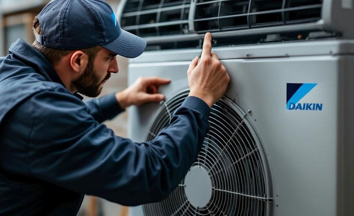 HVAC technician wearing a blue cap and uniform, inspecting a Daikin air conditioner outside — L & K Electrical & Air Conditioning in Narrabri, NSW