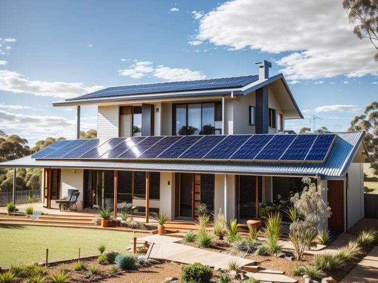 Two-story house with solar panels on the roof; green lawn, plants, and blue sky — L & K Electrical & Air Conditioning in Narrabri, NSW